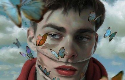 miehen kasvot kuoriutuvat ja sieltä tulee perhosia