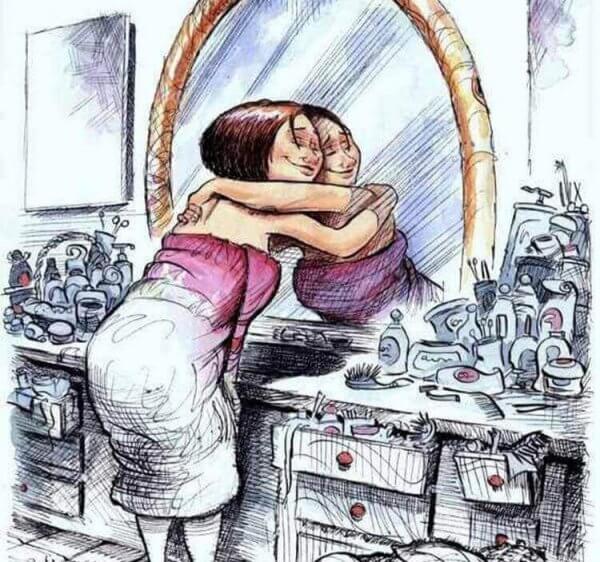 nainen halaa itseään peilissä