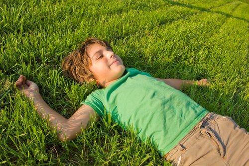 poika makaa nurmikolla