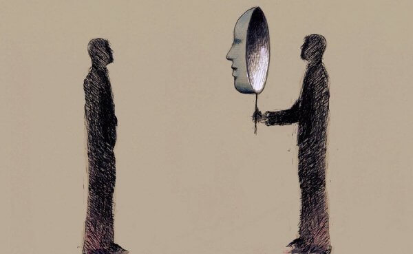 kaksi miestä ja iso naamari