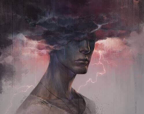 miehen pää mustissa pilvissä