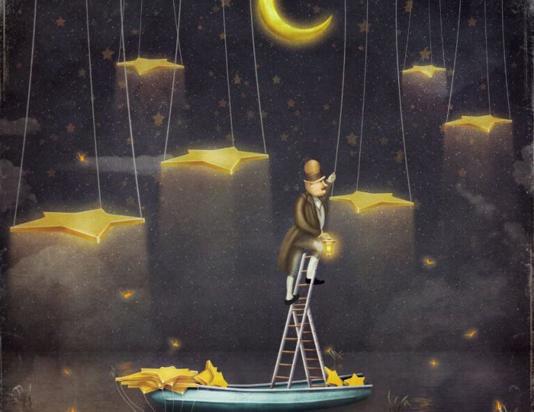 mies laittaa tähtiä roikkumaan taivaalle