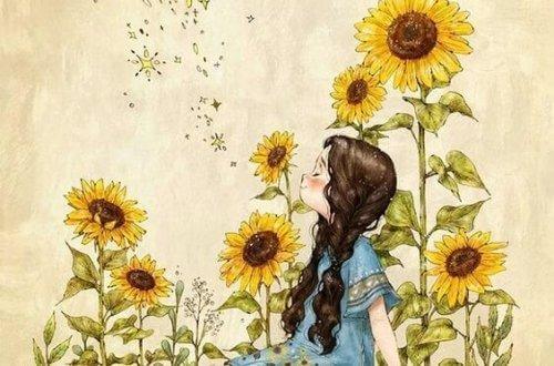 tyttö ja auringonkukat