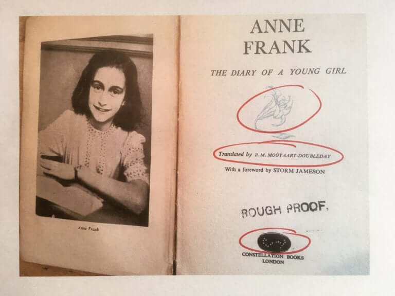 Anne Frank kirjansa kuvassa.