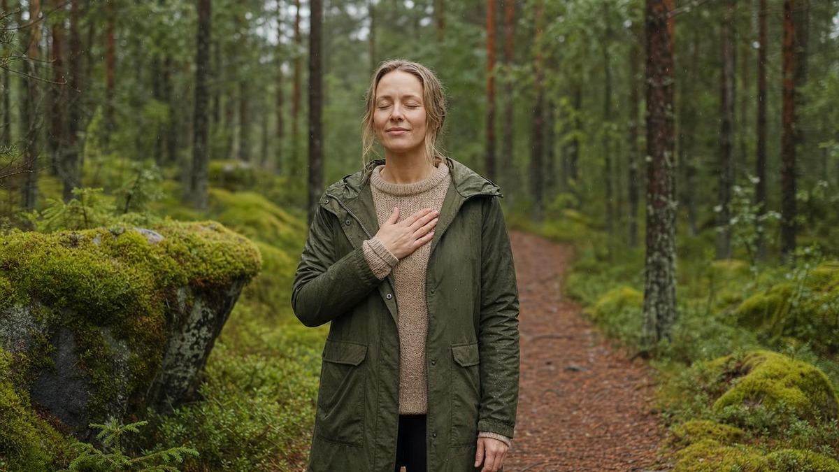 Nainen hengittää rauhallisesti käsi rinnallaan metsäpolulla