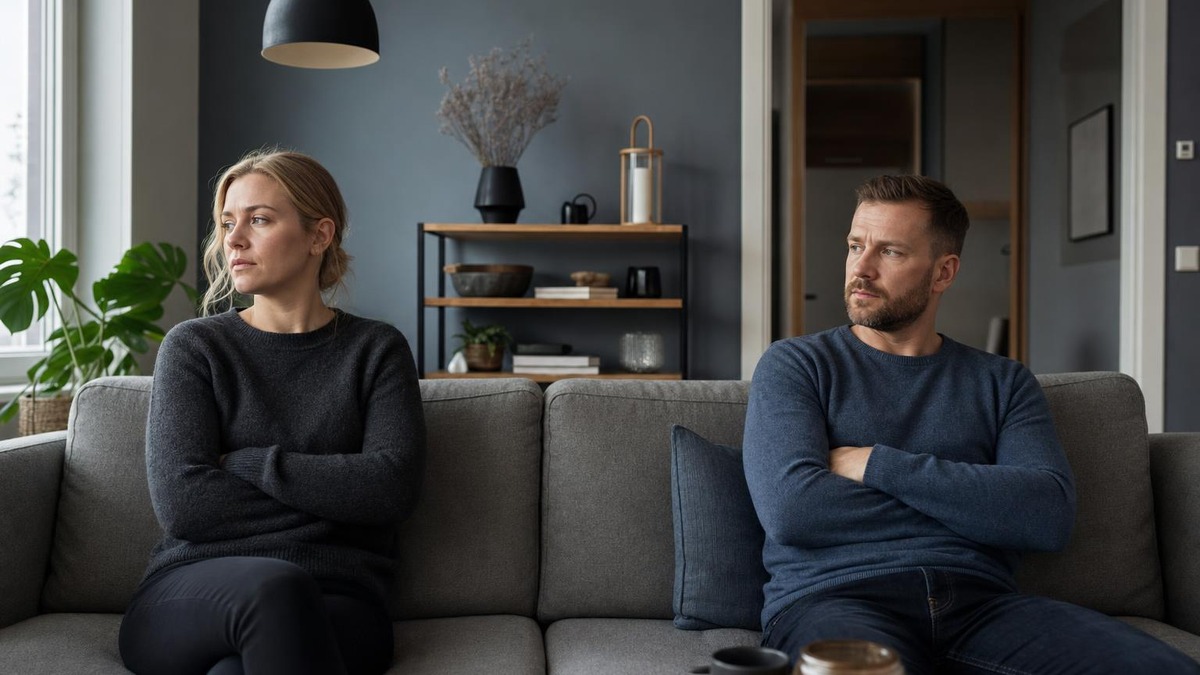 Kaksi aikuista istuu etäällä toisistaan vaikean väittelyn jälkeen